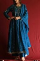 Silk Blue Badla Mukaish Chanderi Silk Anarkali Kurta Set