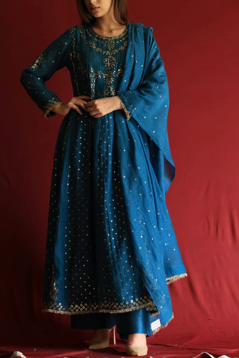 Silk Blue Badla Mukaish Chanderi Silk Anarkali Kurta Set