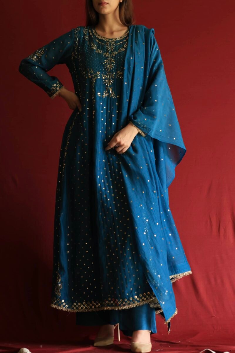 Silk Blue Badla Mukaish Chanderi Silk Anarkali Kurta Set