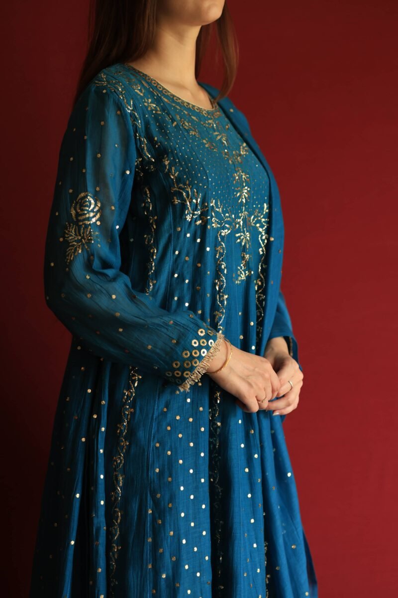 Silk Blue Badla Mukaish Chanderi Silk Anarkali Kurta Set