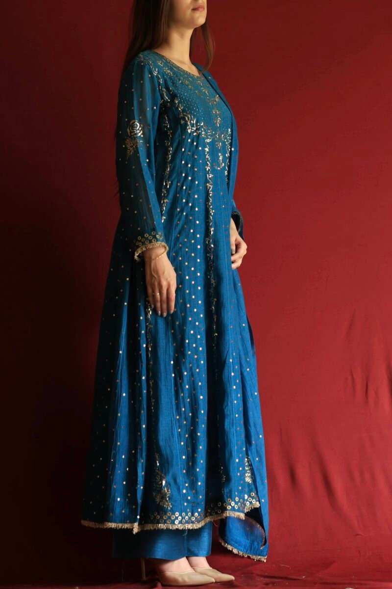 Silk Blue Badla Mukaish Chanderi Silk Anarkali Kurta Set