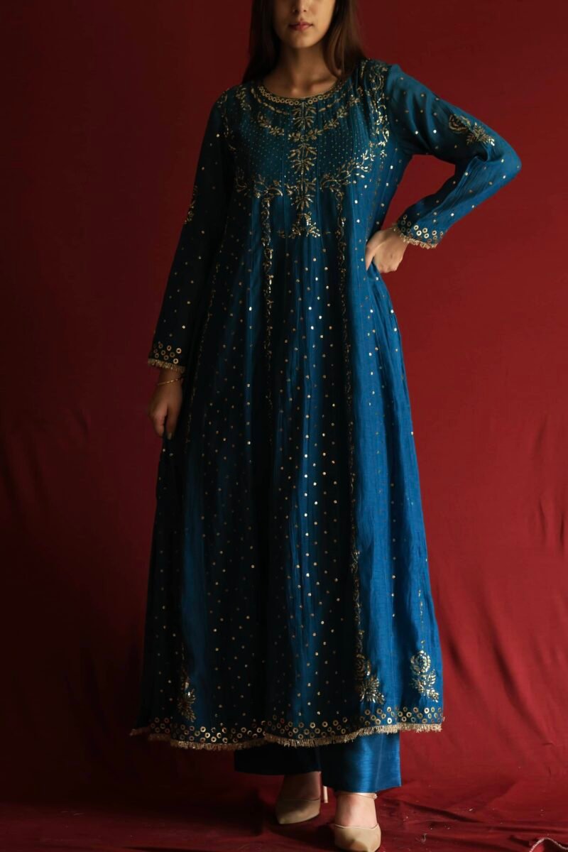 Silk Blue Badla Mukaish Chanderi Silk Anarkali Kurta Set