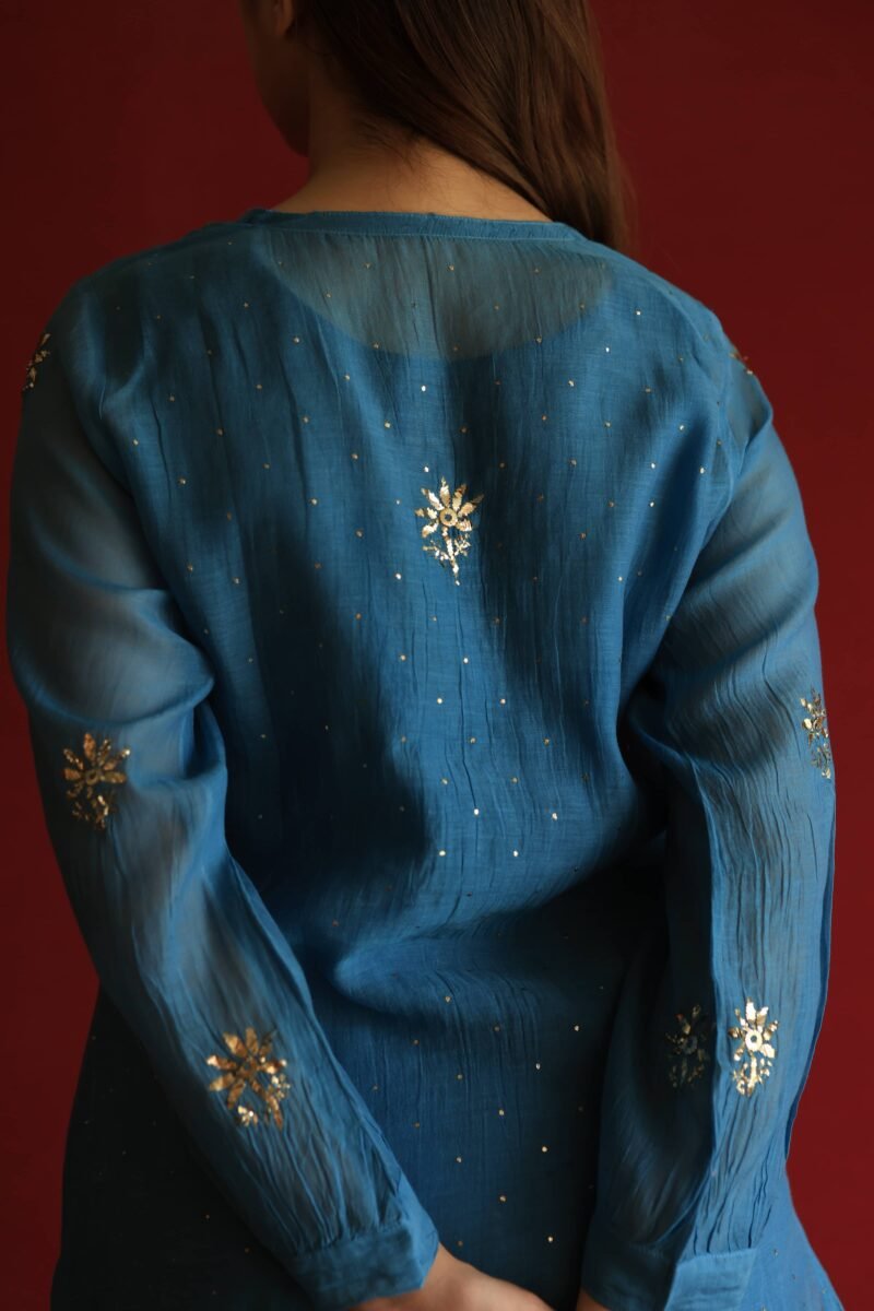 Silk Blue Badla Mukaish Chanderi Silk Anarkali Kurta Set