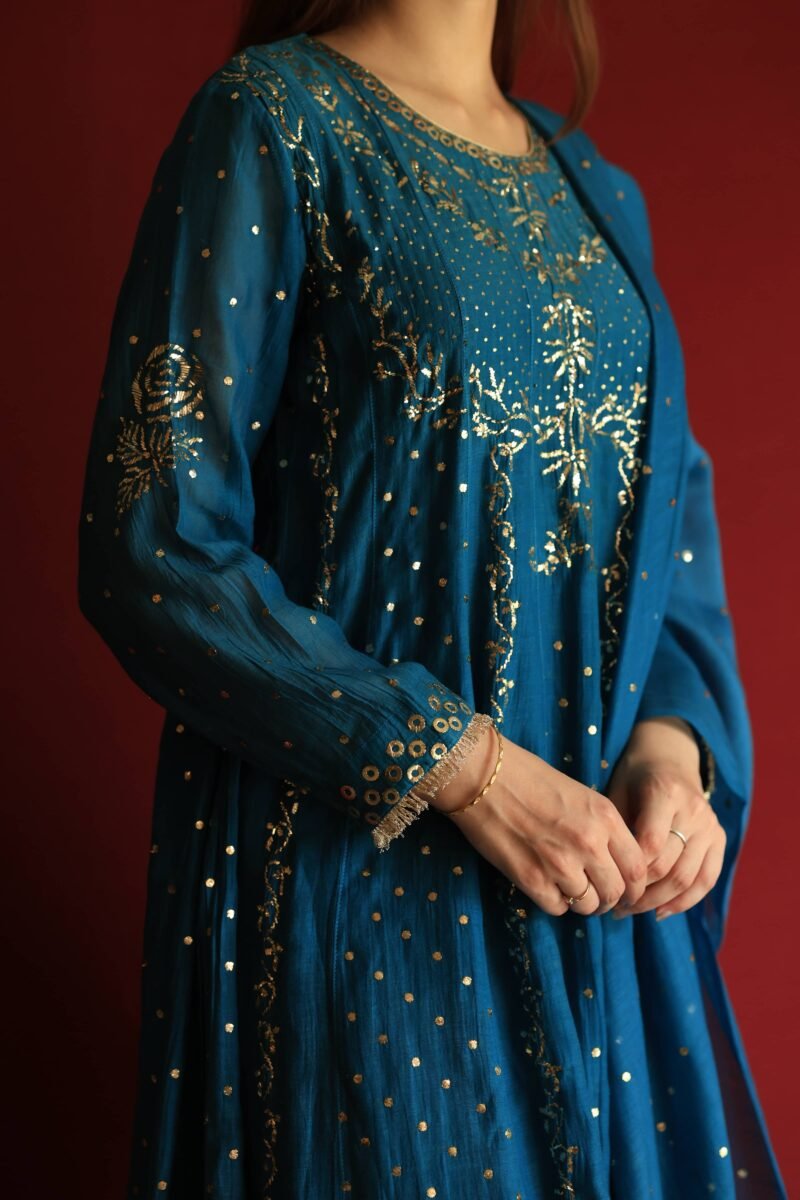 Silk Blue Badla Mukaish Chanderi Silk Anarkali Kurta Set