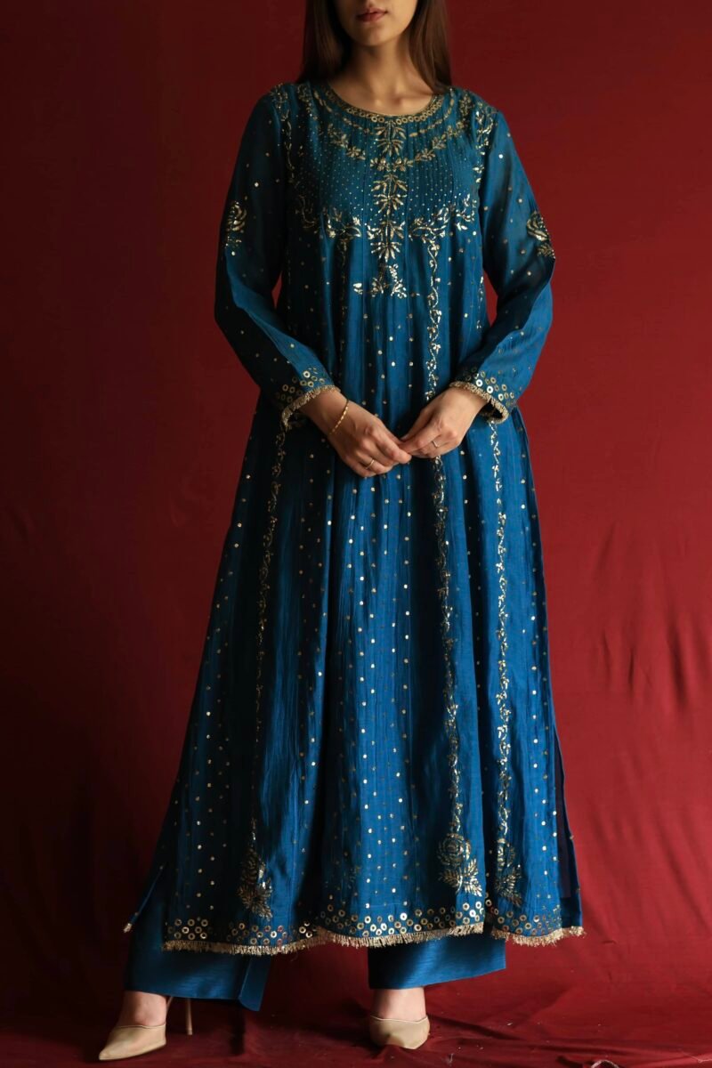 Silk Blue Badla Mukaish Chanderi Silk Anarkali Kurta Set