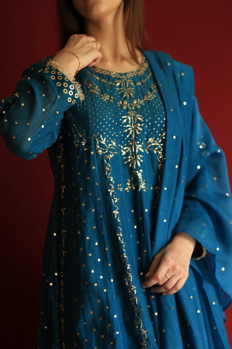 Silk Blue Badla Mukaish Chanderi Silk Anarkali Kurta Set