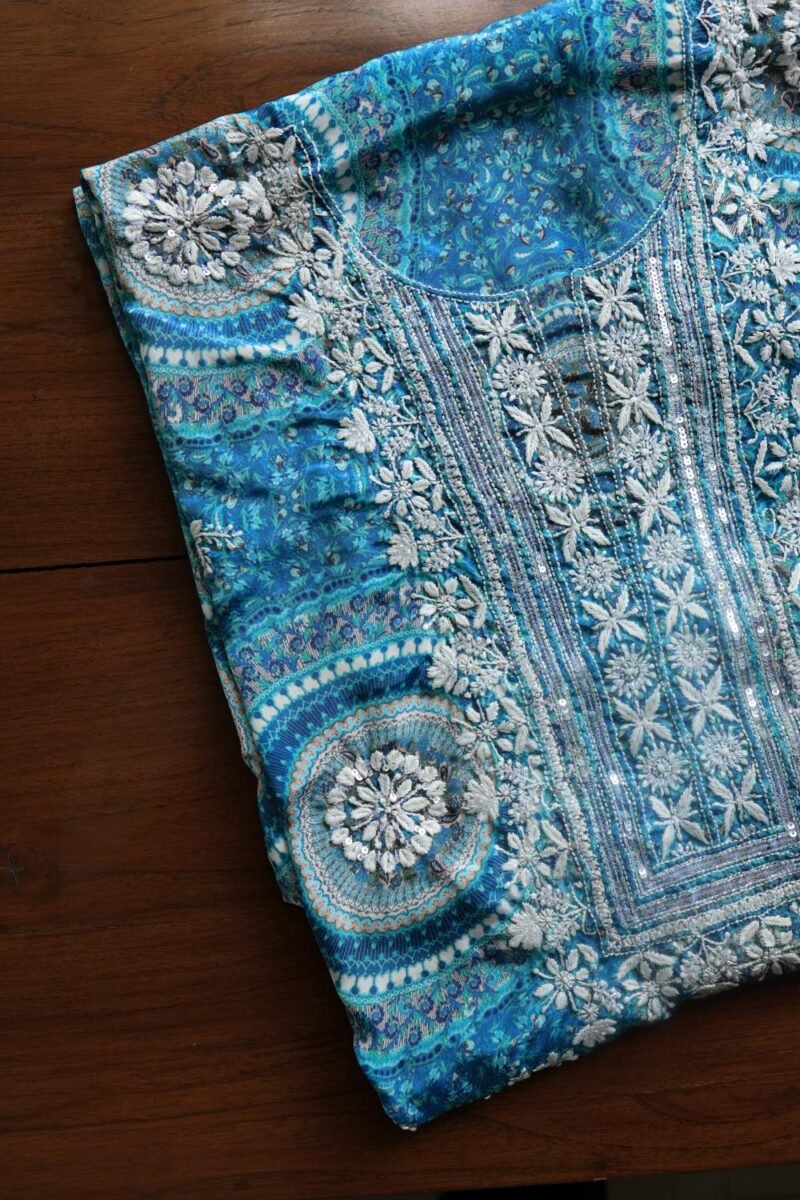 Blue Muslin Chikankari Kurta Fabrics