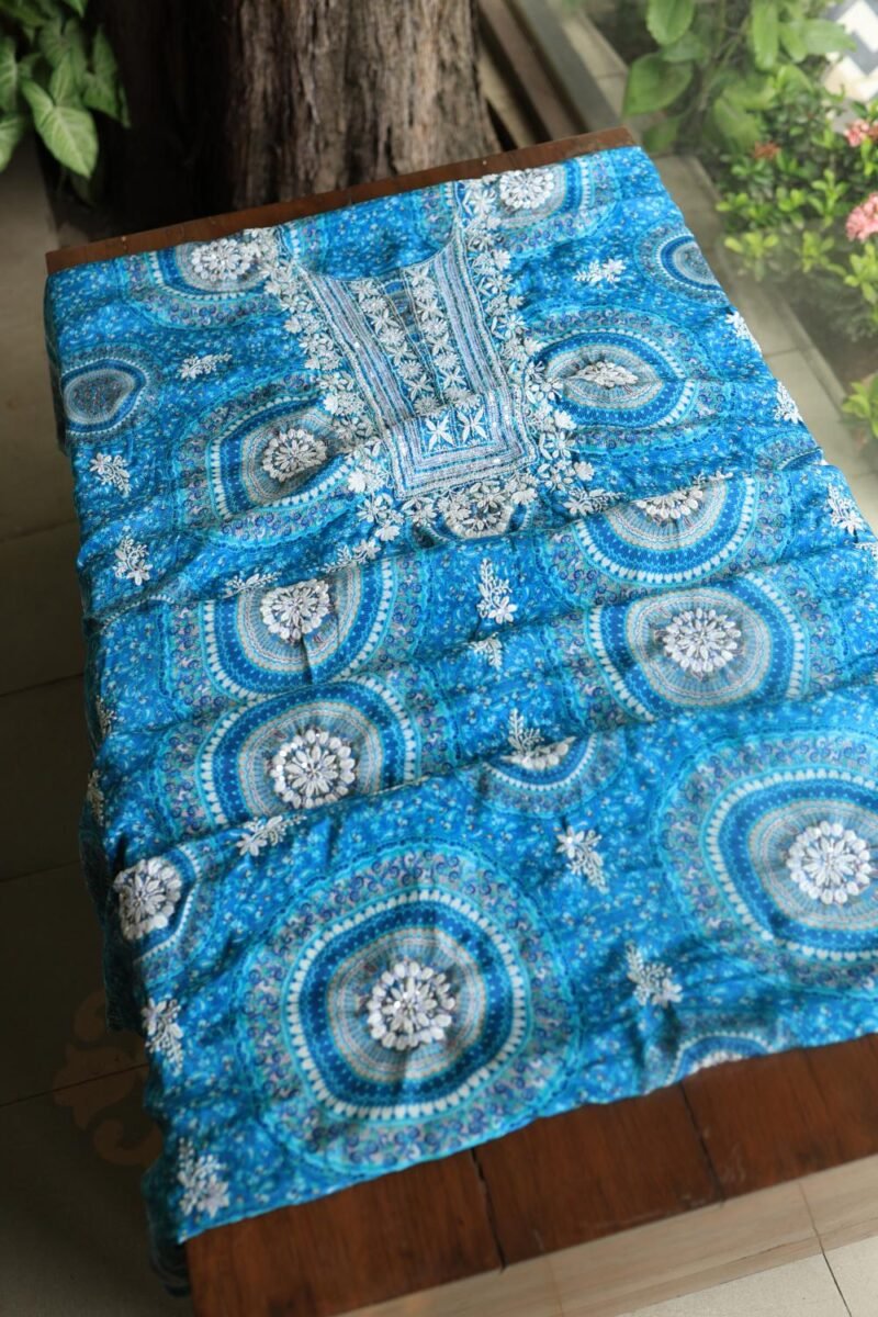 Blue Muslin Chikankari Kurta Fabrics