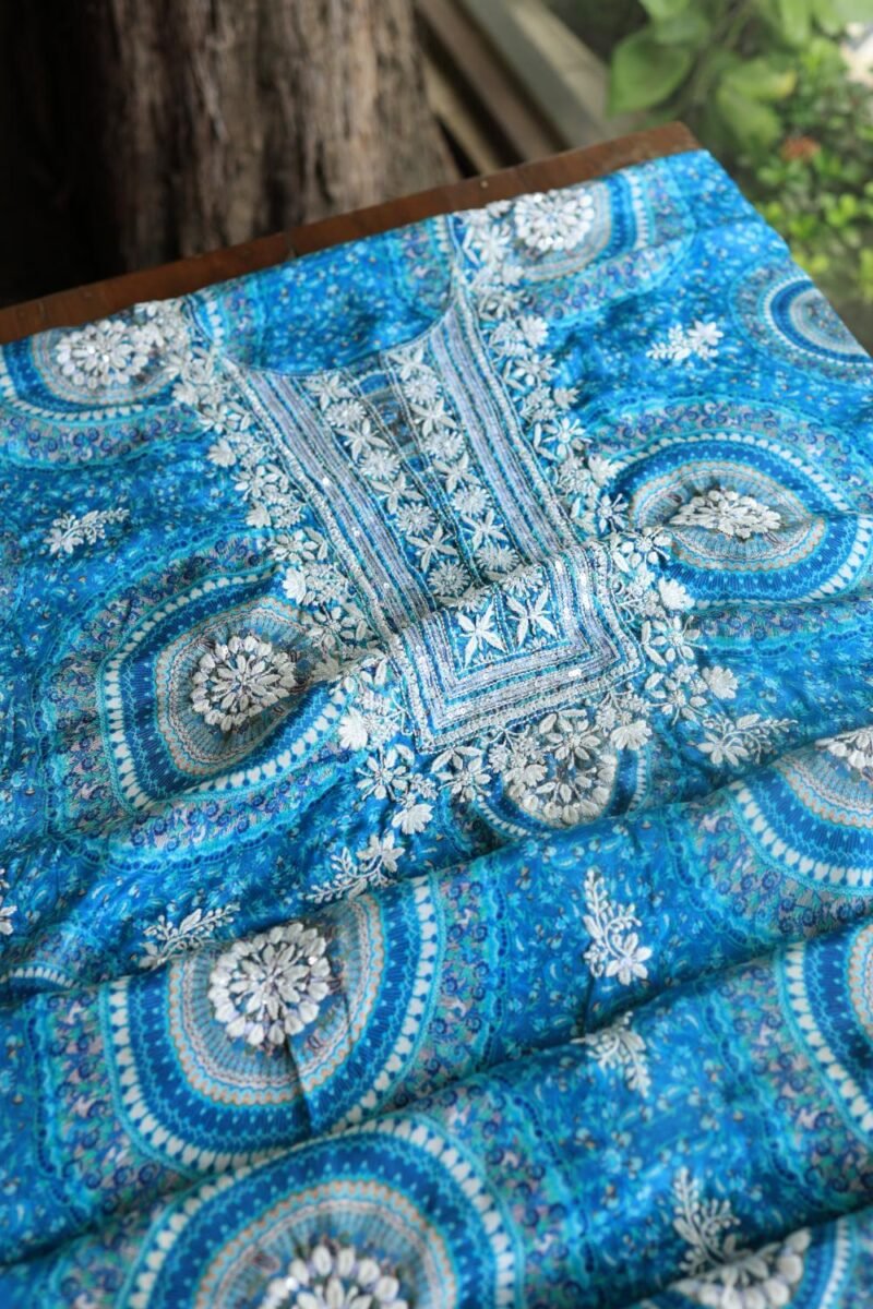 Blue Muslin Chikankari Kurta Fabrics