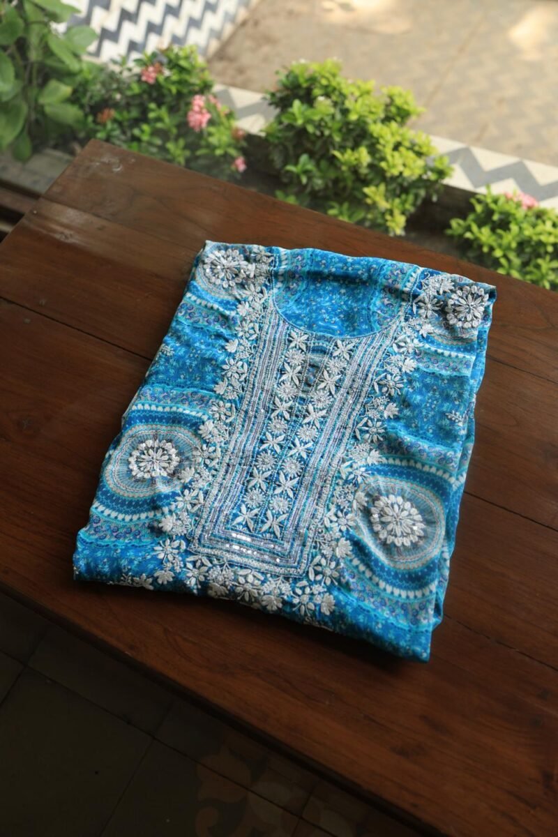 Blue Muslin Chikankari Kurta Fabrics