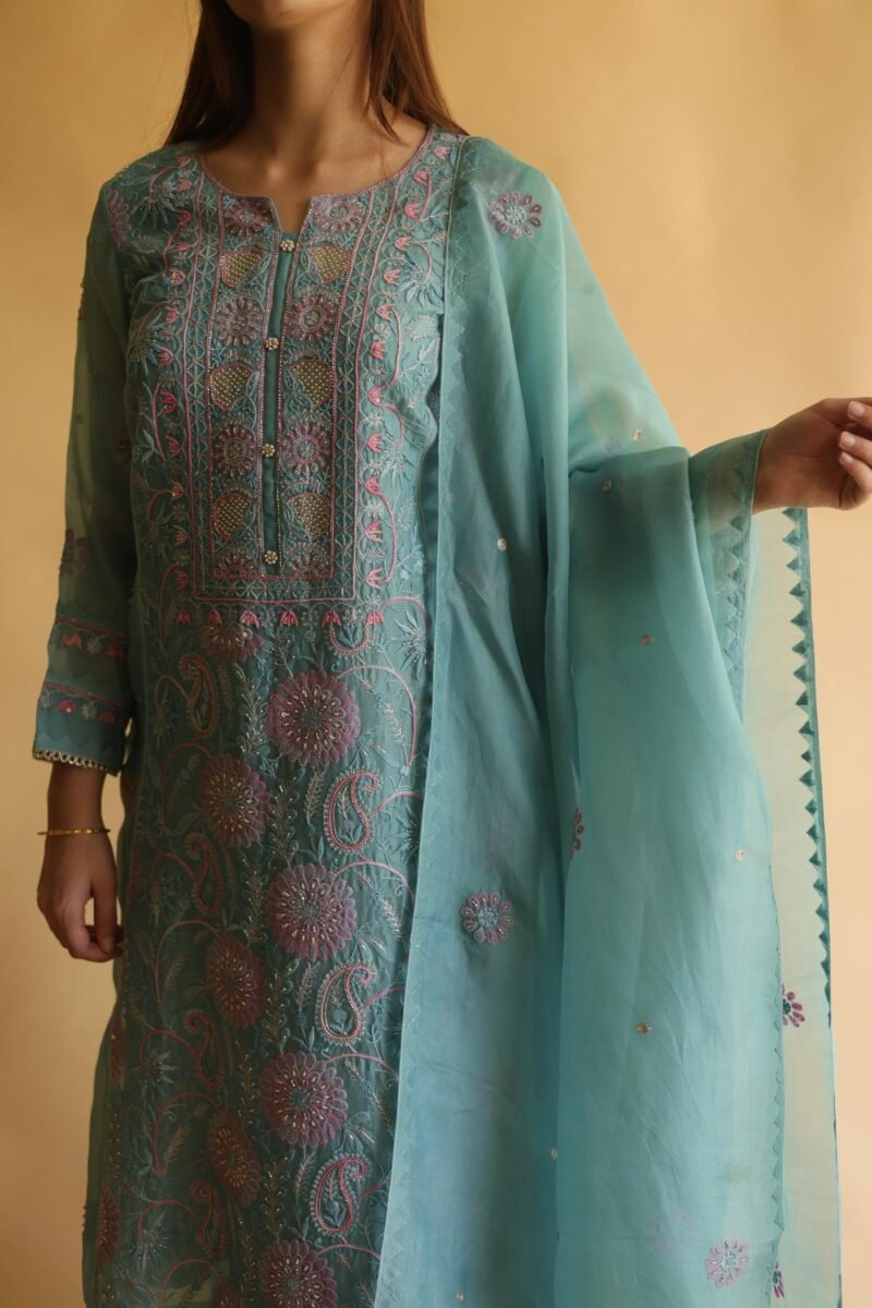 Blue Noor Organza Silk Chikankari Straight Cut Kurta Dupatta Set