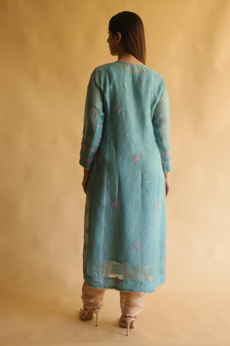 Blue Noor Organza Silk Chikankari Straight Cut Kurta Dupatta Set