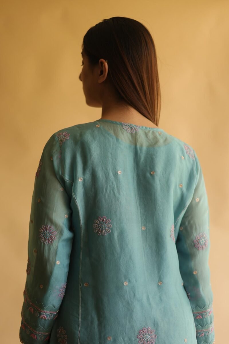 Blue Noor Organza Silk Chikankari Straight Cut Kurta Dupatta Set