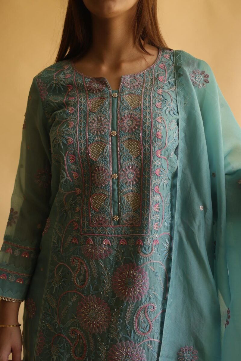 Blue Noor Organza Silk Chikankari Straight Cut Kurta Dupatta Set