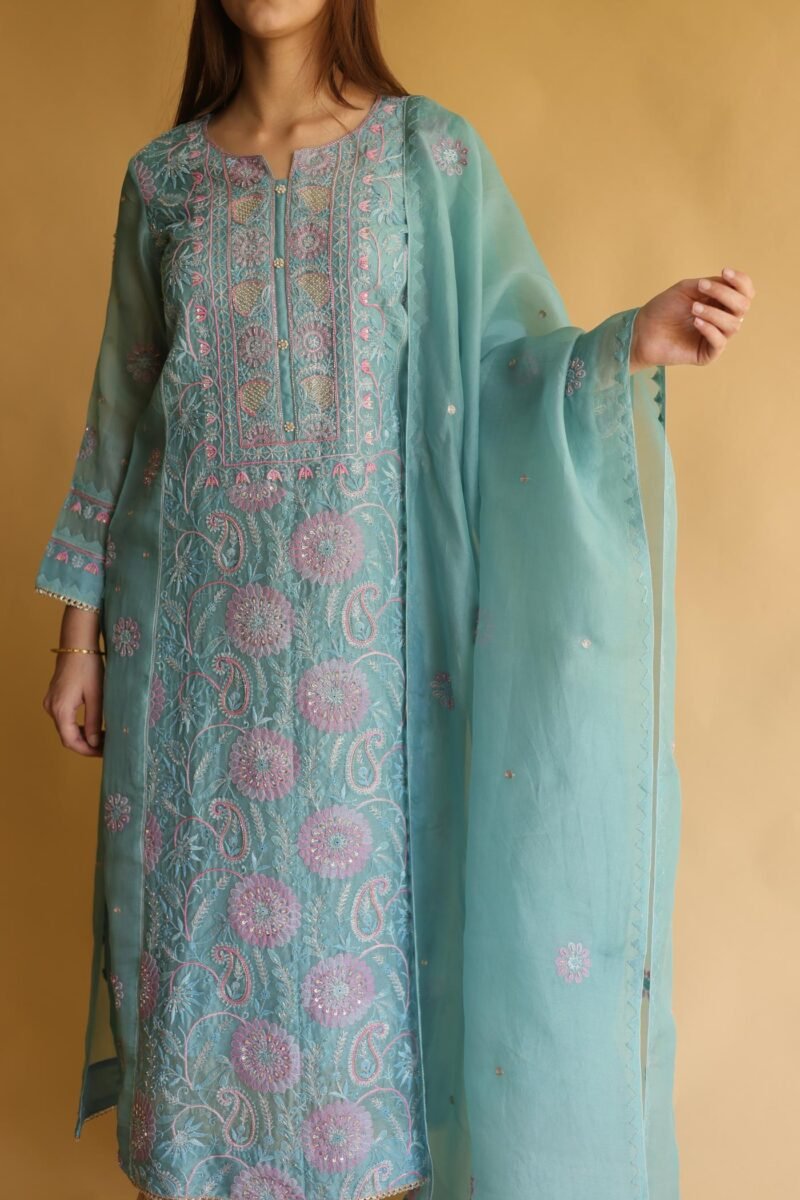 Blue Noor Organza Silk Chikankari Straight Cut Kurta Dupatta Set