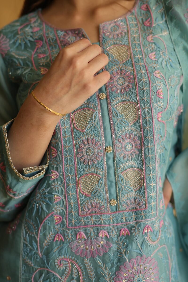 Blue Noor Organza Silk Chikankari Straight Cut Kurta Dupatta Set