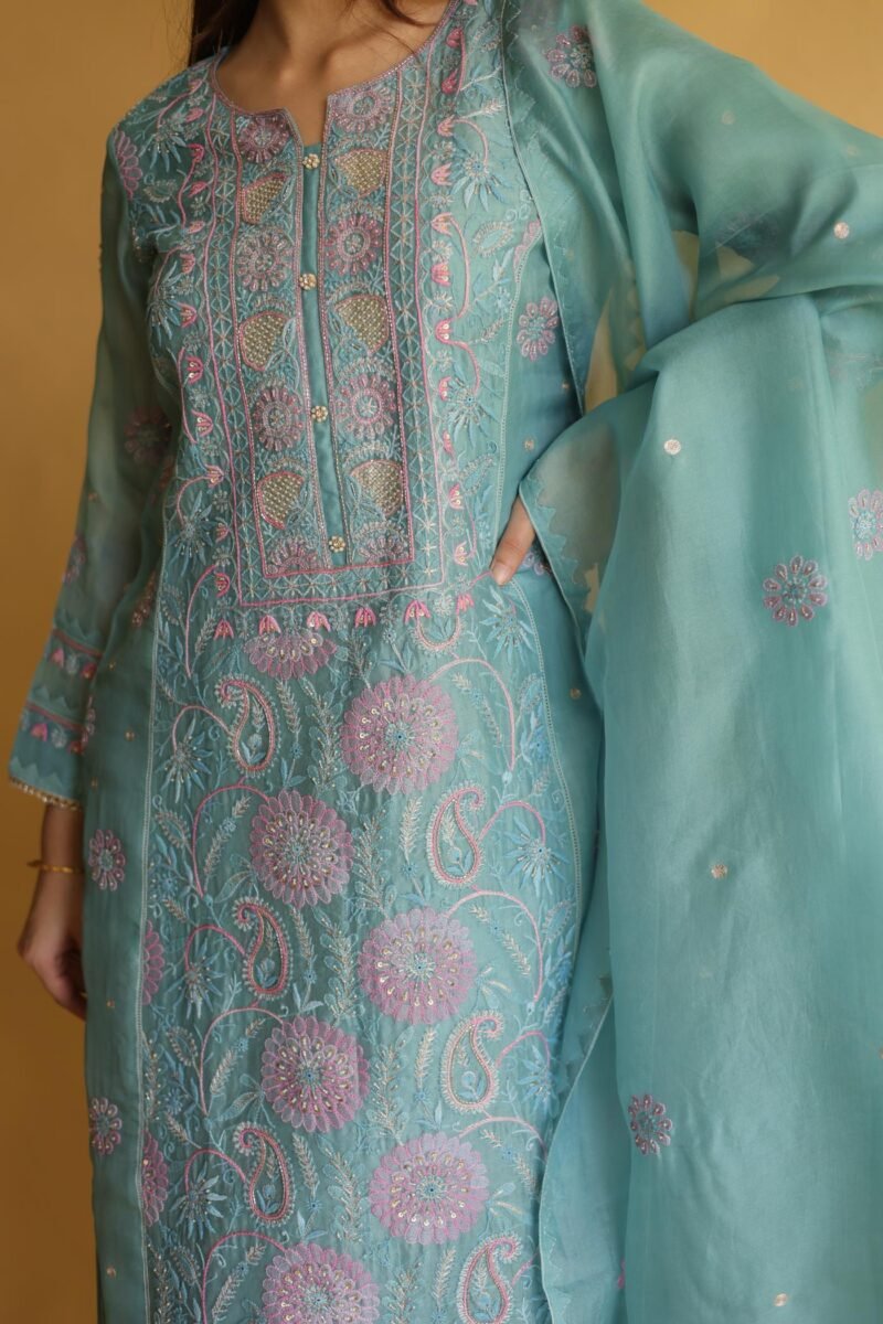 Blue Noor Organza Silk Chikankari Straight Cut Kurta Dupatta Set