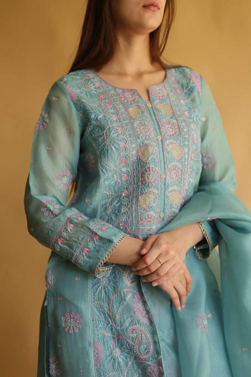 Blue Noor Organza Silk Chikankari Straight Cut Kurta Dupatta Set