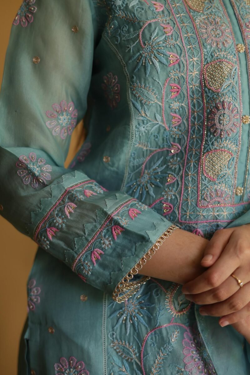 Blue Noor Organza Silk Chikankari Straight Cut Kurta Dupatta Set