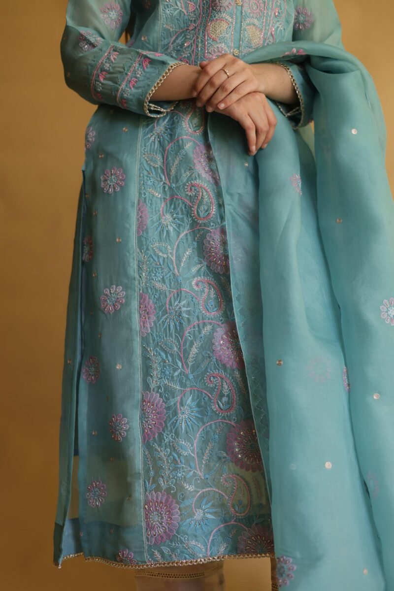 Blue Noor Organza Silk Chikankari Straight Cut Kurta Dupatta Set