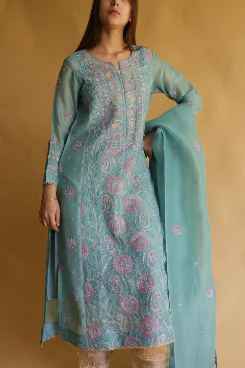 Blue Noor Organza Silk Chikankari Straight Cut Kurta Dupatta Set