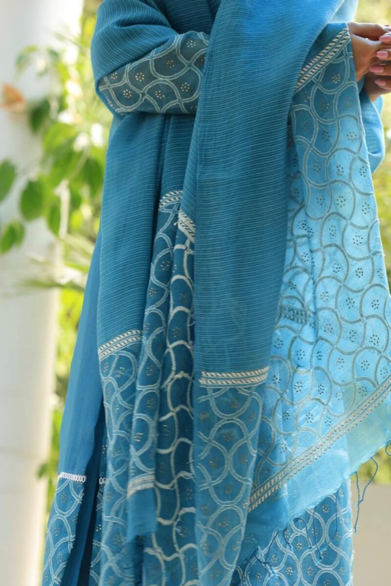 Blue Mukaish Kamdani Noor Organza Chikankari Kurta Set