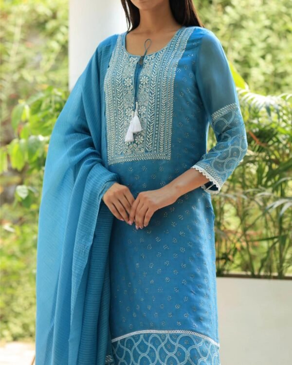 Blue Mukaish Kamdani Noor Organza Chikankari Kurta Set
