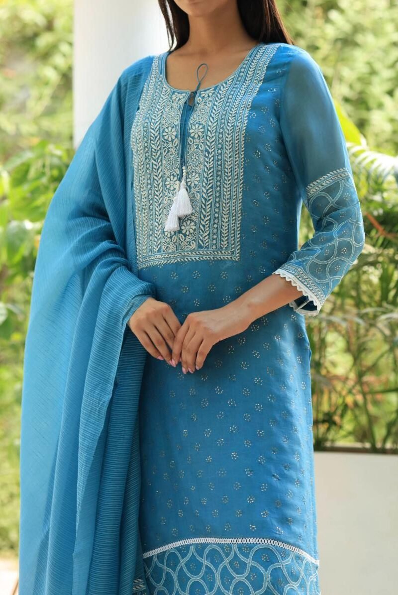 Blue Mukaish Kamdani Noor Organza Chikankari Kurta Set