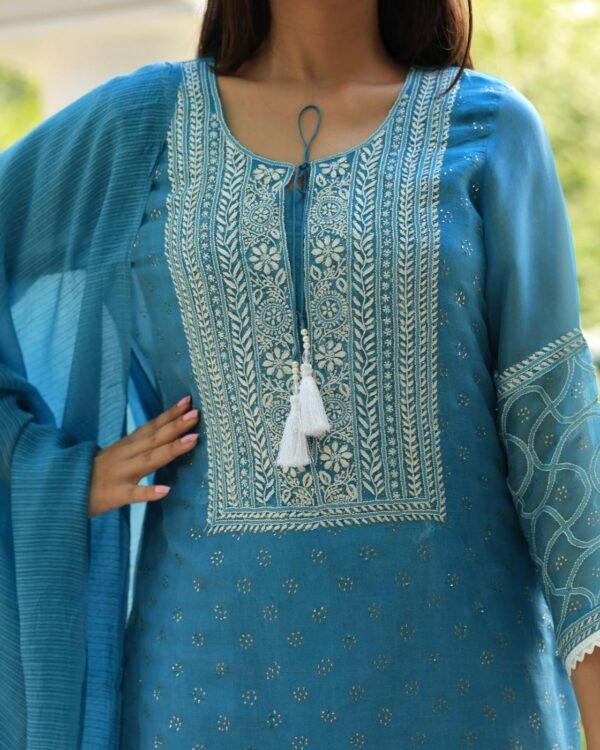 Blue Mukaish Kamdani Noor Organza Chikankari Kurta Set - Image 14