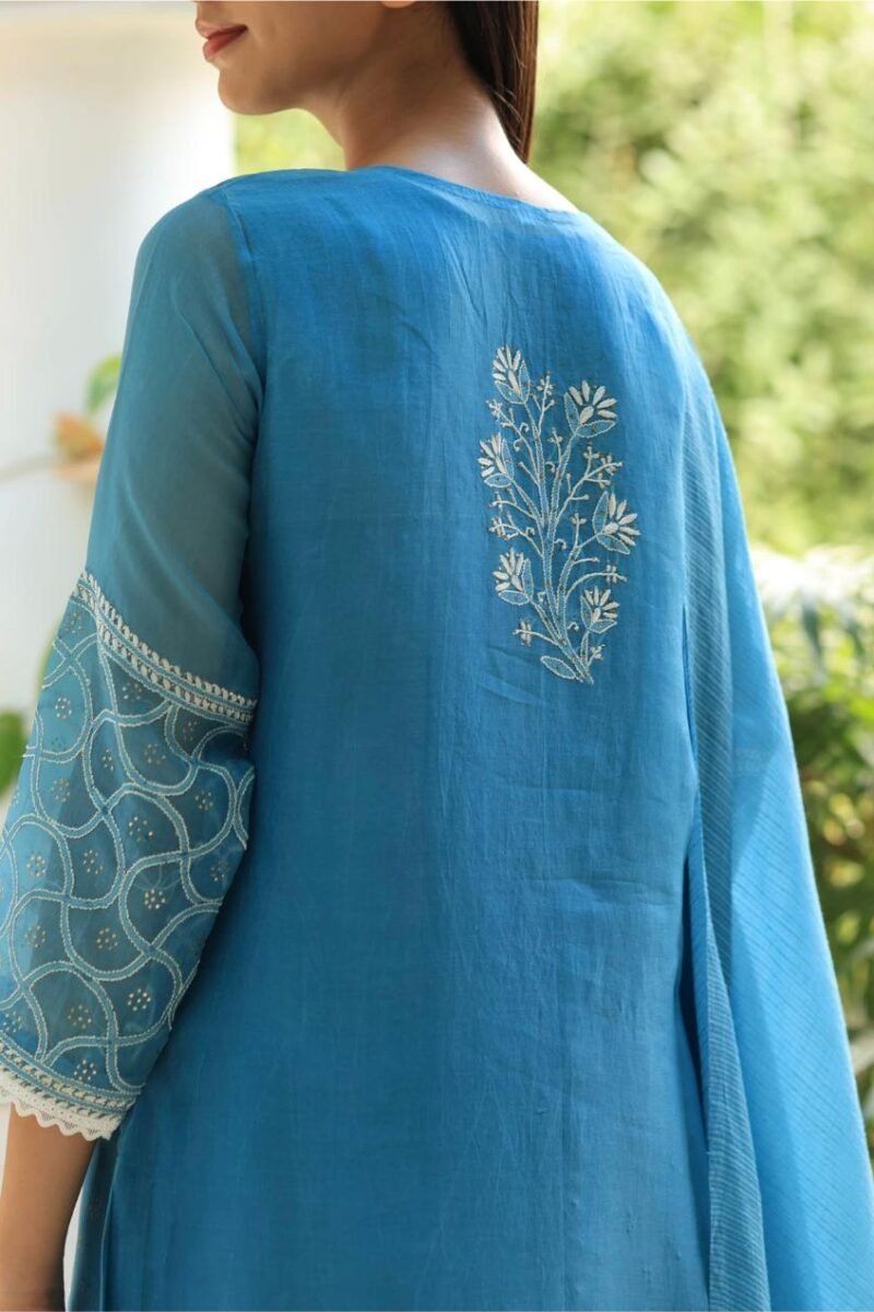 Blue Mukaish Kamdani Noor Organza Chikankari Kurta Set