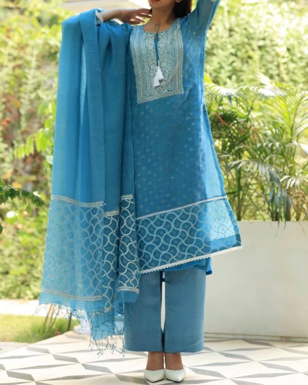 Blue Mukaish Kamdani Noor Organza Chikankari Kurta Set - Image 4