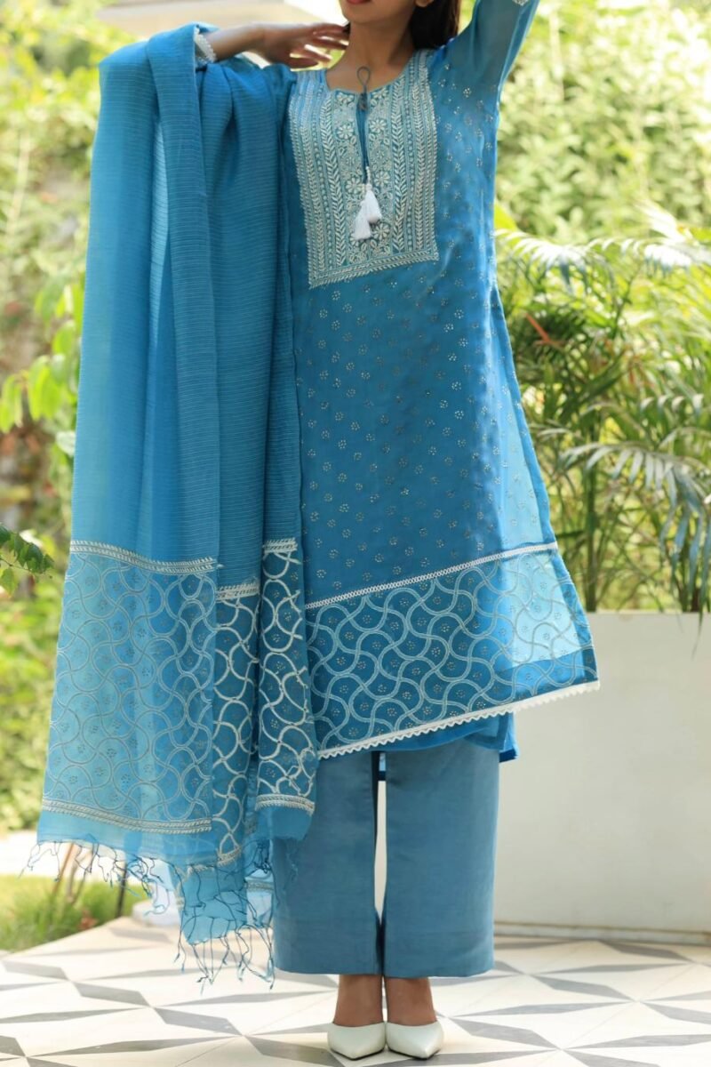 Blue Mukaish Kamdani Noor Organza Chikankari Kurta Set