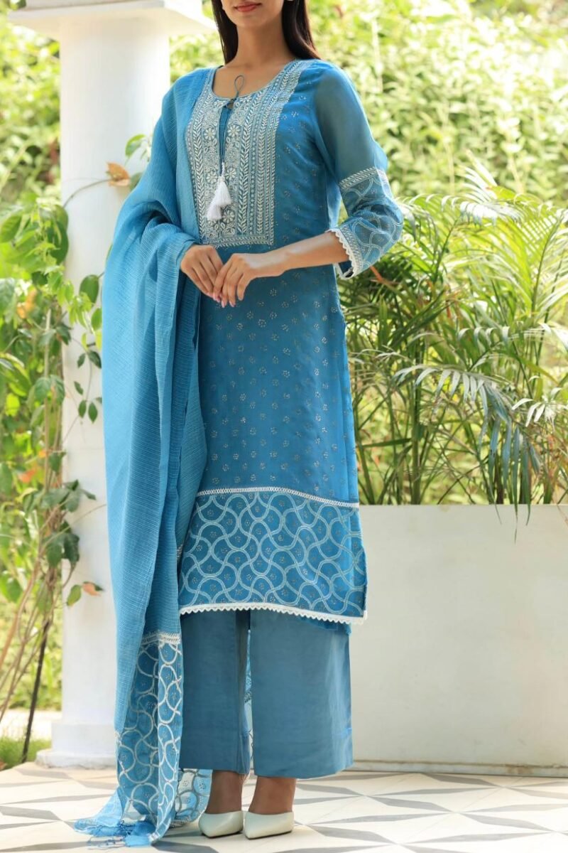 Blue Mukaish Kamdani Noor Organza Chikankari Kurta Set