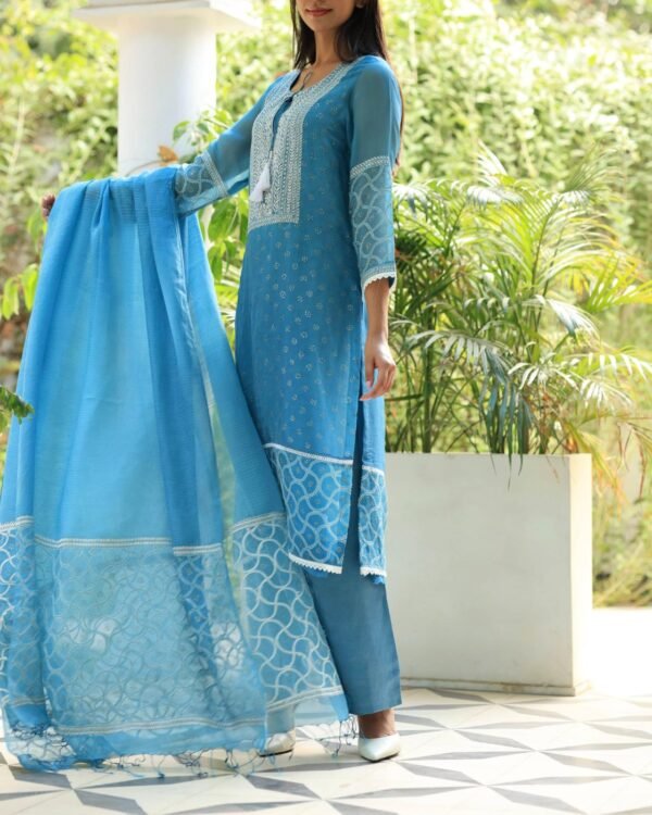 Blue Mukaish Kamdani Noor Organza Chikankari Kurta Set - Image 6