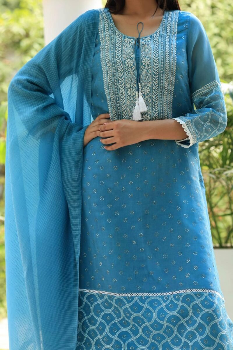 Blue Mukaish Kamdani Noor Organza Chikankari Kurta Set