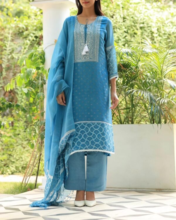 Blue Mukaish Kamdani Noor Organza Chikankari Kurta Set - Image 8