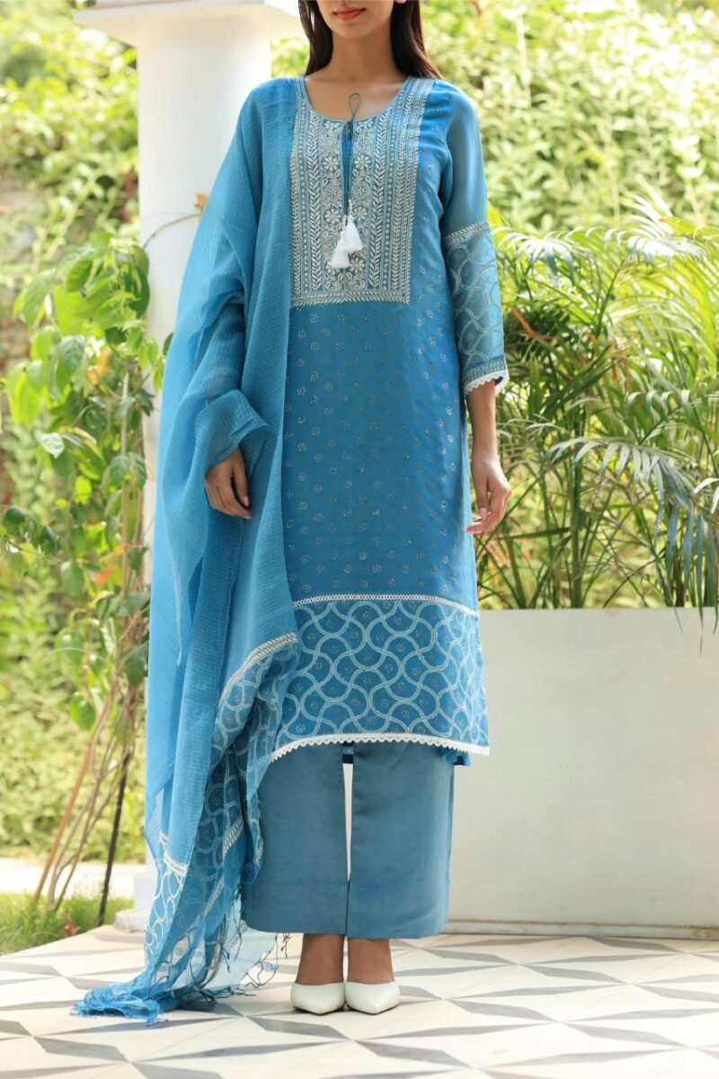 Blue Mukaish Kamdani Noor Organza Chikankari Kurta Set