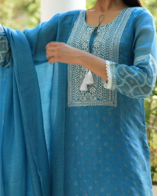 Blue Mukaish Kamdani Noor Organza Chikankari Kurta Set - Image 9