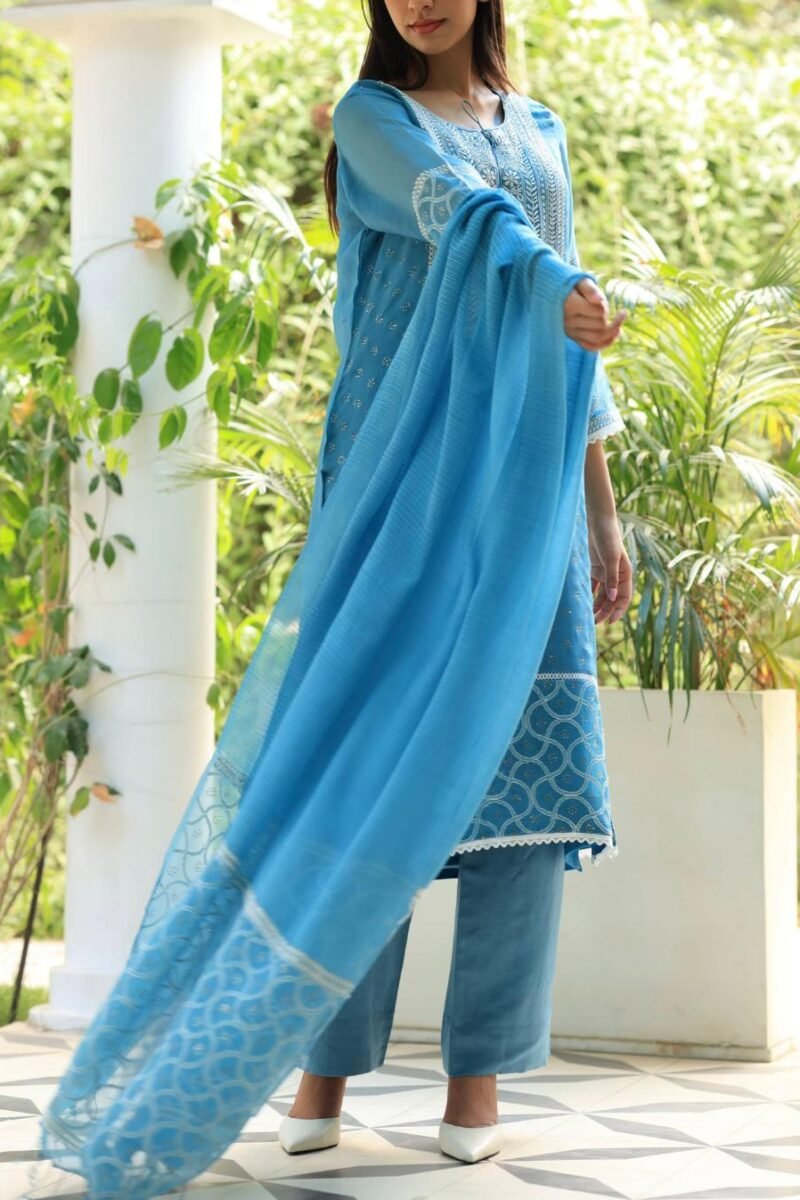 Blue Mukaish Kamdani Noor Organza Chikankari Kurta Set