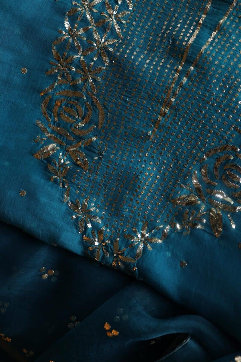 Blue Noor Organza Silk Mukaish Badla Unstitched Kurta Dupatta Set