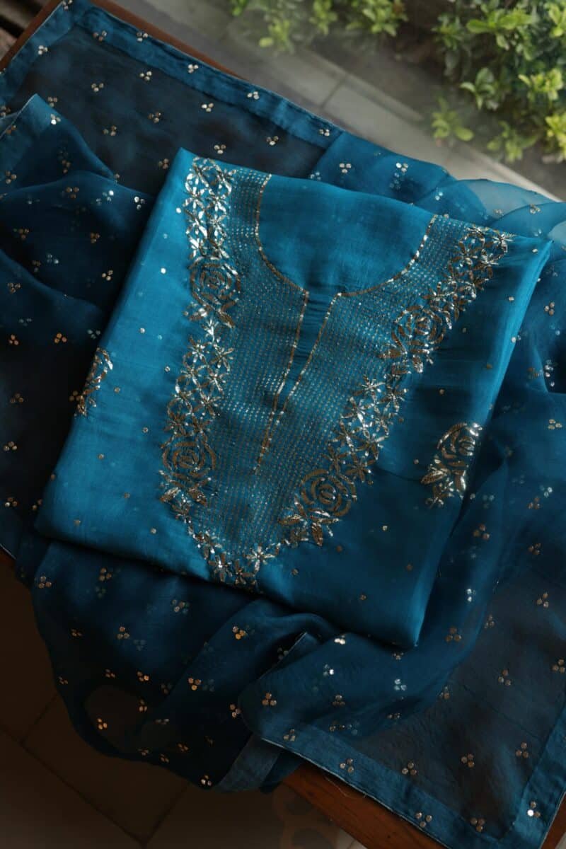 Blue Noor Organza Silk Mukaish Badla Unstitched Kurta Dupatta Set