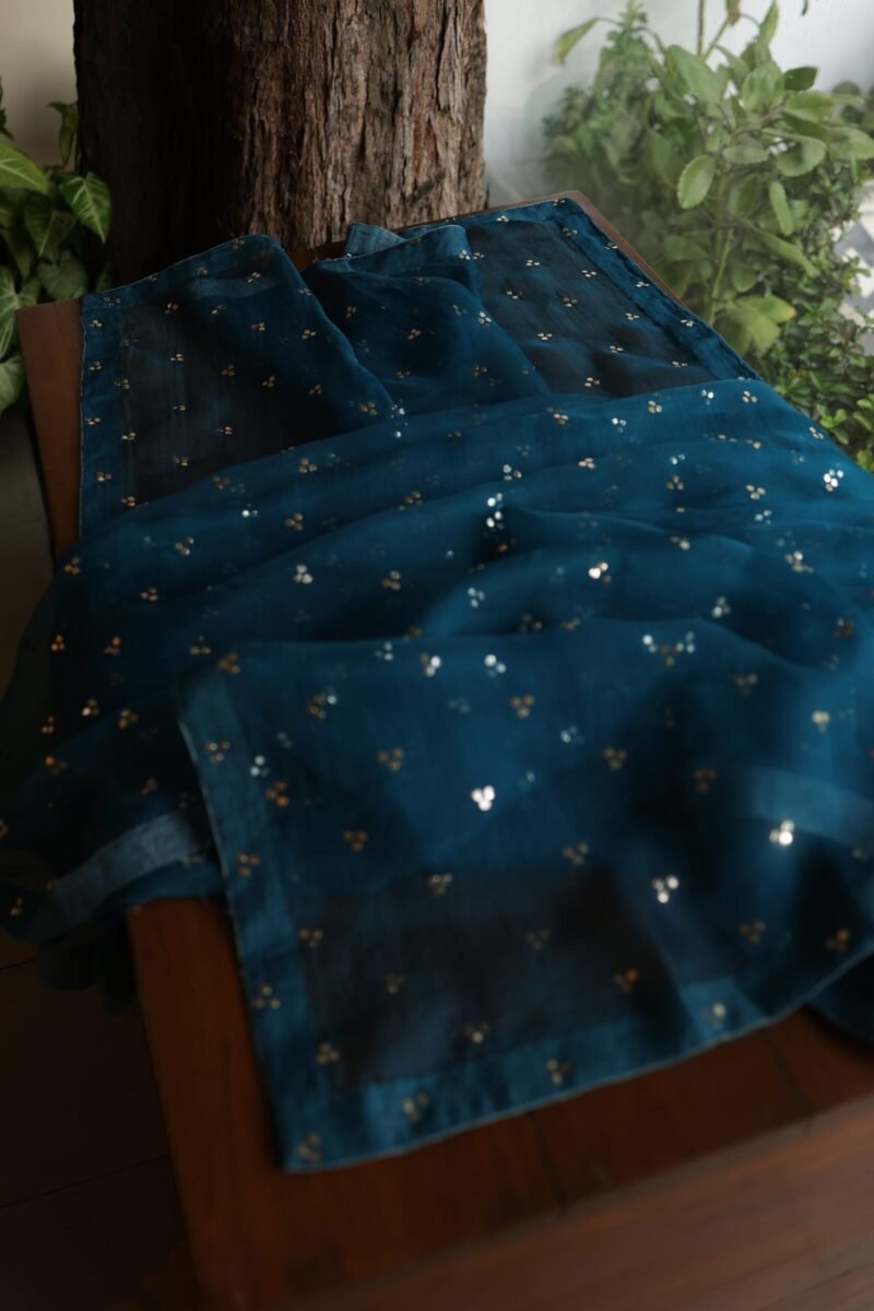 Blue Noor Organza Silk Mukaish Badla Unstitched Kurta Dupatta Set