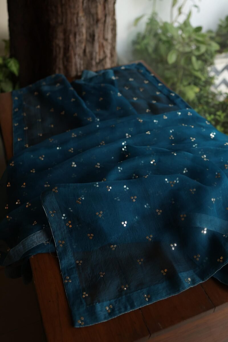 Blue Noor Organza Silk Mukaish Badla Unstitched Kurta Dupatta Set