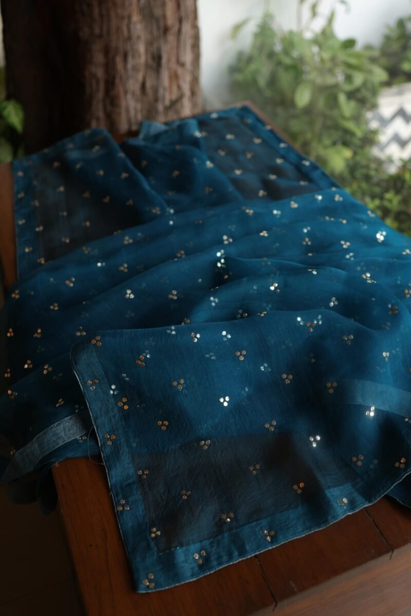 Blue Noor Organza Silk Mukaish Badla Unstitched Kurta Dupatta Set