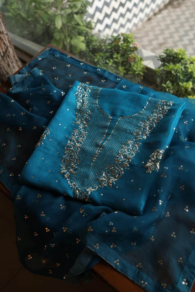 Blue Noor Organza Silk Mukaish Badla Unstitched Kurta Dupatta Set