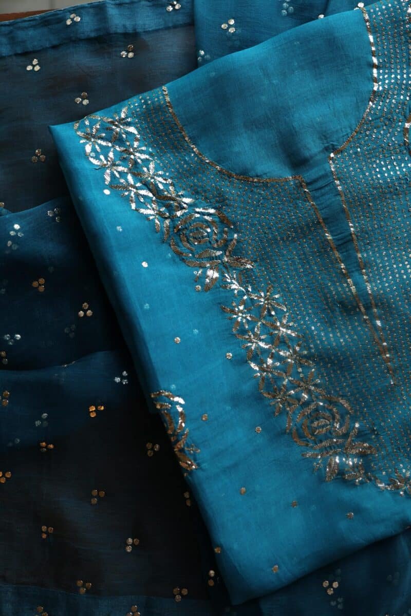 Blue Noor Organza Silk Mukaish Badla Unstitched Kurta Dupatta Set