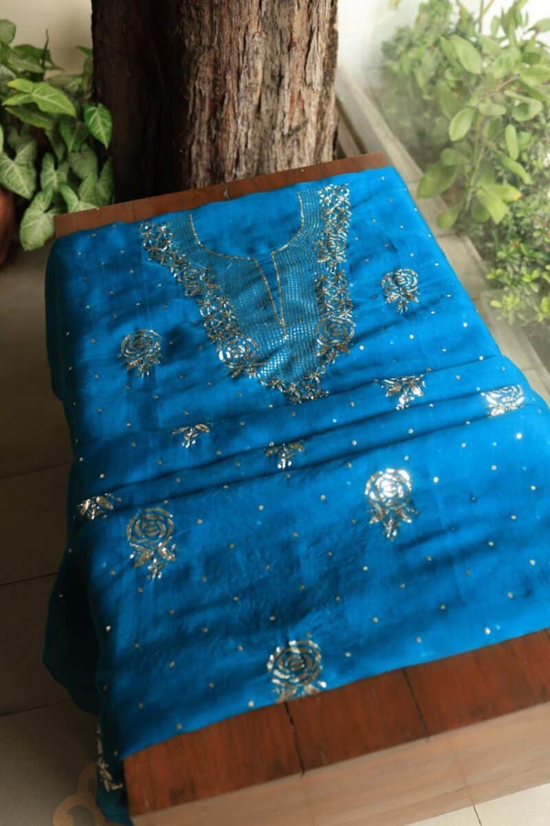 Blue Noor Organza Silk Mukaish Badla Unstitched Kurta Dupatta Set
