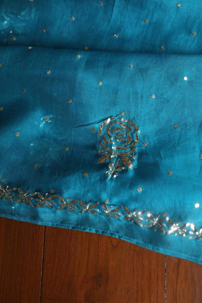 Blue Noor Organza Silk Mukaish Badla Unstitched Kurta Dupatta Set