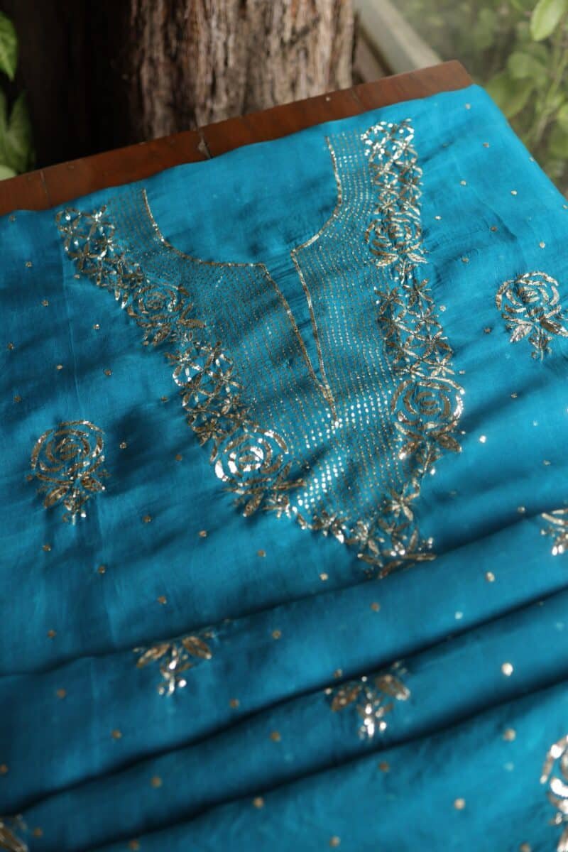 Blue Noor Organza Silk Mukaish Badla Unstitched Kurta Dupatta Set