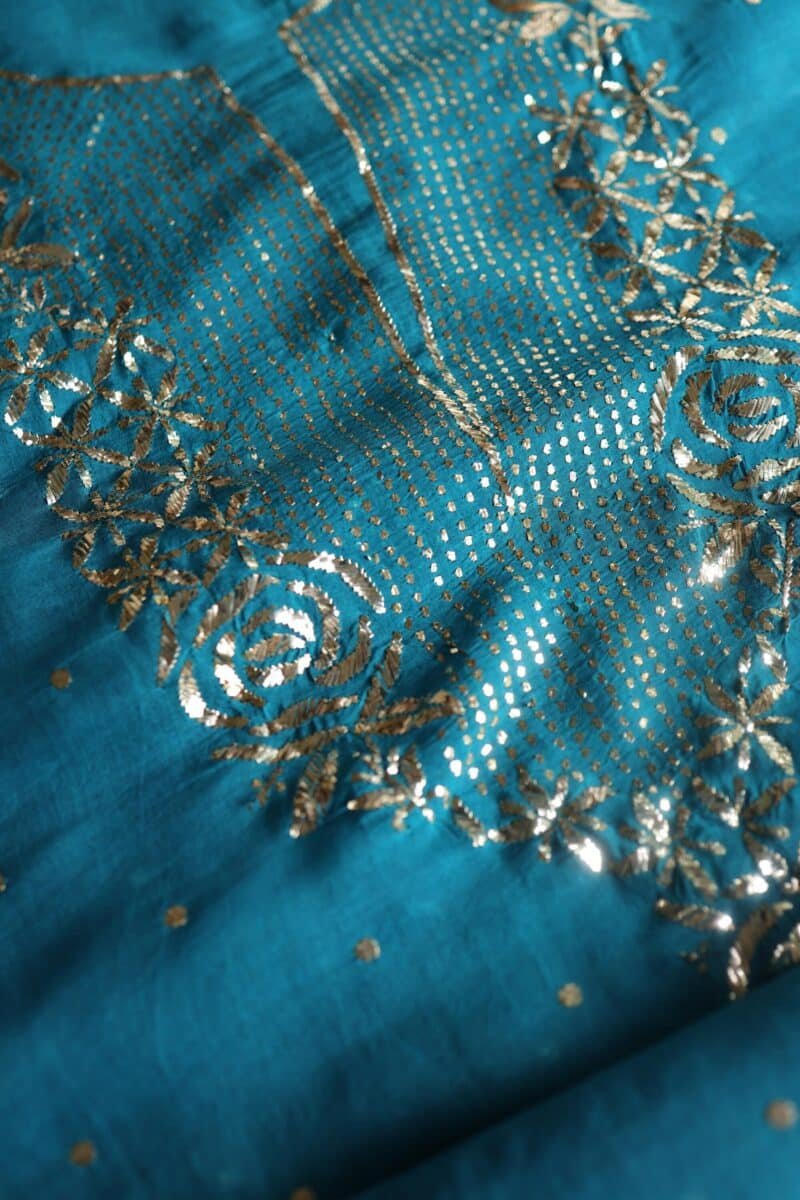 Blue Noor Organza Silk Mukaish Badla Unstitched Kurta Dupatta Set